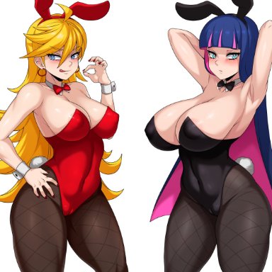 panty (psg), stocking (psg), jmg, 2girls, ass, big ass, big breasts, blonde hair, breasts, bunny ears, bunny suit, bunnygirl, bunnysuit, collar, cuffs