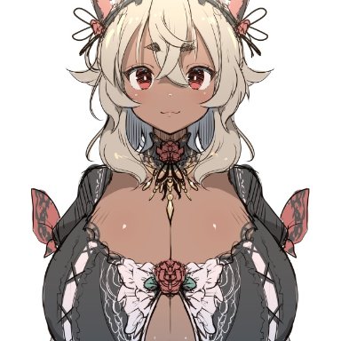 original, original character, yana (nekoarashi), blonde hair, cat ears, cat girl, cleavage, cleavage cutout, dress, female, gigantic breasts, hair ornament, huge breasts, kemonomimi, long hair