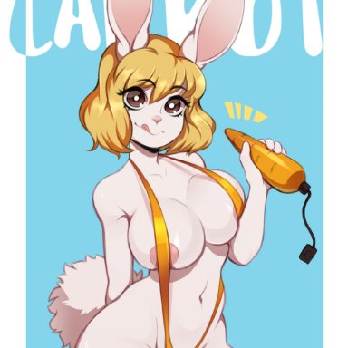 one piece, carrot (one piece), ziffir, anthro, areola, bikini, blonde hair, breasts, camel toe, clothed, clothing, eyelashes, female, hair, hand behind back
