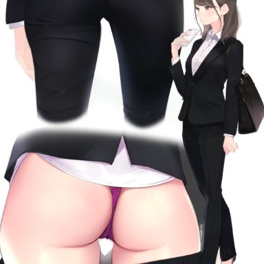 original, ama mitsuki, 1girls, ass, ass focus, bag, bangs, black footwear, black jacket, black pants, blush, breasts, brown eyes, brown hair, cellphone