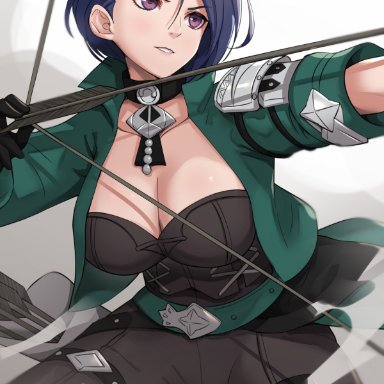 fire emblem, fire emblem: three houses, shamir (fire emblem), shamir nevrand, gonzarez, gonzarez1938, 1girls, arrow (projectile), big breasts, blue hair, bow (weapon), breasts, choker, cleavage, female