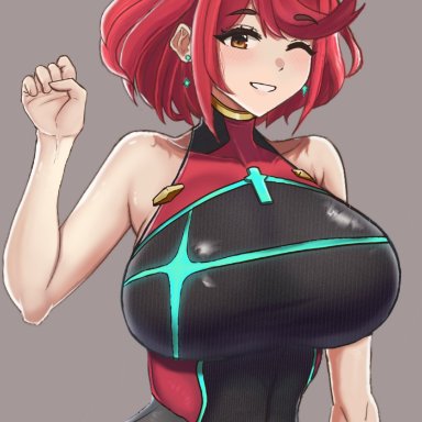 xenoblade (series), xenoblade chronicles 2, pyra, desspie, ;), bangs, bare arms, bare shoulders, black swimsuit, breasts, chest jewel, competition swimsuit, covered navel, curvy, earrings