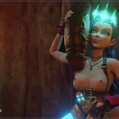 league of legends, jinx (league of legends), bifrost3d, 1boy, 1girls, bbc, big penis, dark-skinned male, dark skin, female, interracial, looking at viewer, male, mind control, 3d