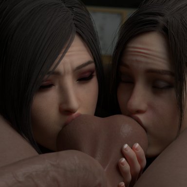 resident evil, resident evil 2, ada wong, claire redfield, vekkte, 1boy, 2girls, ball sucking, ball worship, balls, big penis, erection, female, male, penis