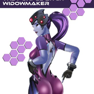 overwatch, widowmaker, fisherman, 1girls, back tattoo, big ass, big butt, dat ass, female, female only, pointing at self, ponytail, purple hair, purple skin, sideboob