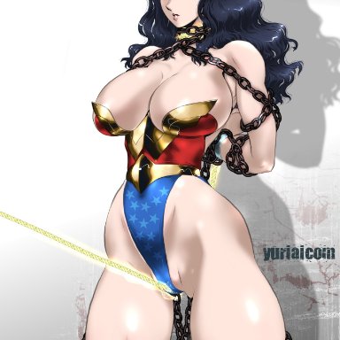dc, dc comics, wonder woman (series), diana prince, wonder woman, yuri-ai, arms behind back, black hair, blue eyes, bondage, cameltoe, chained, chained up, cleavage, enslaved royal