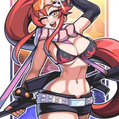 tengen toppa gurren lagann, yoko littner, sagas, 1girls, bare midriff, big breasts, cleavage, female, female only, one eye closed, ponytail, red hair, shorts, solo, solo female