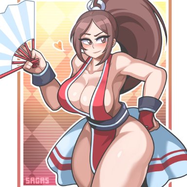 king of fighters, snk, mai shiranui, sagas, 1girls, big breasts, breasts, brown eyes, brown hair, cleavage, cute, female, female only, no bra, no panties