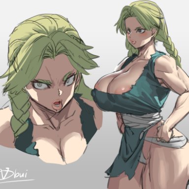 dr.stone, nikki (dr.stone), obui, 1girls, angry face, big breasts, blonde hair, female focus, female only, long hair, no bra, solo female, solo focus, twintails