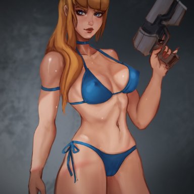 metroid, nintendo, samus aran, gvaelded, athletic, bikini, blonde hair, blue eyes, gun, hair over shoulder, long hair, long nails, ponytail, red nails, simple background