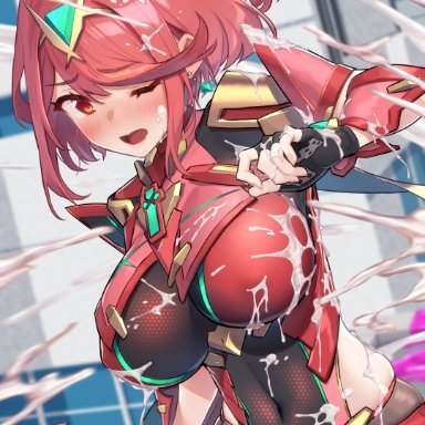 nintendo, splatoon, super smash bros., xenoblade (series), xenoblade chronicles 2, pyra, baffu, 1girls, ;o, arm guards, arm up, armor, bangs, black gloves, blush