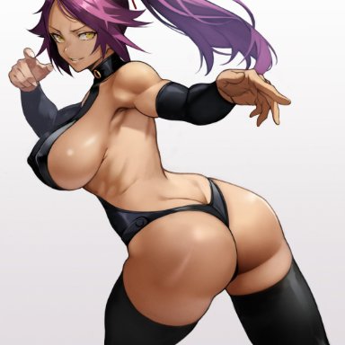 bleach, shihouin yoruichi, yoshi55level, ass, backless leotard, bangs, breasts, dark skin, dark skinned female, female, gradient, large breasts, leotard, looking at viewer, muscular