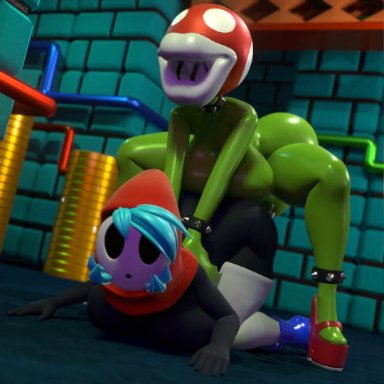 mario (series), nintendo, piranha plant, shy gal, shy guy, wyerframez, anthro, big lips, creampie, cum in pussy, cumflation, cumshot, dripping cum, excessive cum, faceless