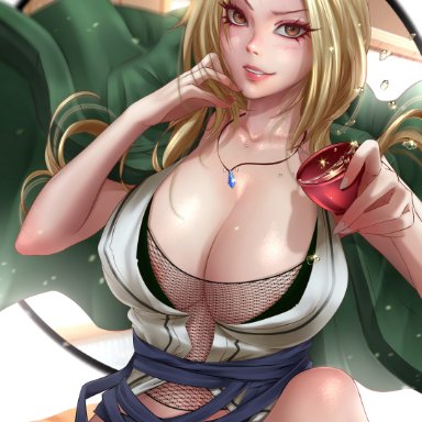 naruto, naruto (series), naruto shippuden, tsunade, bearwitch, 1girls, alcohol, areola slip, areolae, big breasts, blonde hair, bottomless, breasts, brown eyes, busty