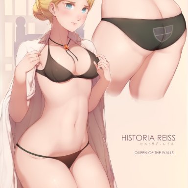 attack on titan, christa renz, historia reiss, kimoshi, 1girls, ass, ass focus, bikini, black bikini, blonde hair, blue eyes, blush, breasts, female only, hair bun