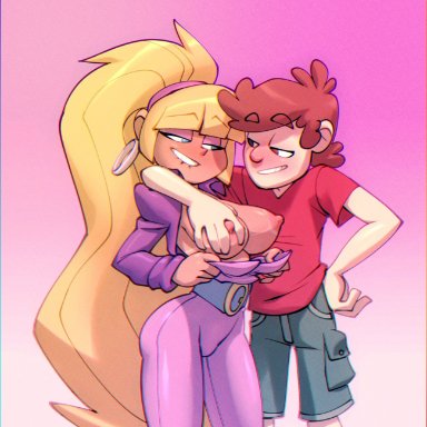 disney, gravity falls, dipper pines, pacifica northwest, bigdad, 1boy, 1girls, areolae, biting lip, blonde hair, blue eyes, bodysuit, breast fondling, breast grab, breasts