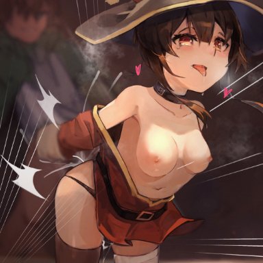 megumin, satou kazuma, 1boy, bandaged leg, bandages, belt, black choker, black hair, black legwear, black panties, blurry, breasts, breasts outside, choker, couple