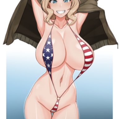 girls und panzer, kay (girls und panzer), handplug, 1girls, american flag bikini, armpits, arms above head, ass, bikini, blue eyes, blush, breasts, child bearing hips, curvaceous, curvy