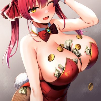 hololive, houshou marine, marota, big breasts, bunnysuit, gloves, huge breasts, large breasts, massive breasts, money, red hair, thick, thighhighs, top heavy, voluptuous