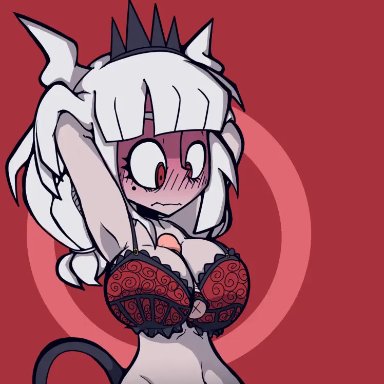 helltaker, lucifer (helltaker), lasboi, 1boy, 1girls, big breasts, big penis, blush, demon, demon girl, demon tail, paizuri, pale skin, red eyes, white hair