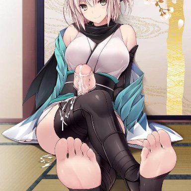 okita souji (fate) (all), elzikyuchi, cum, feet, futanari, hung futanari, pale skin, soles, stirrup legwear, white hair