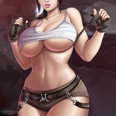 tomb raider, lara croft, lara croft (classic), flowerxl, 1girls, big breasts, breasts, brown hair, clothed female, female, female focus, large breasts, long hair, short shorts, solo