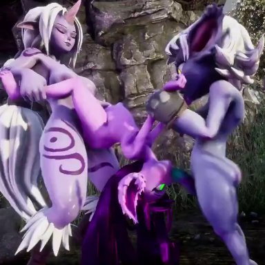 league of legends, lulu the fae sorceress, soraka, tristana, yordle, moistcavitymap, 1girl, 2futas, animal genitalia, ass, barefoot, big breasts, big dom small sub, big thighs, blue eyes