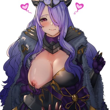 fire emblem, fire emblem fates, nintendo, camilla, camilla (fire emblem), nyah'pa, 1girls, alternate costume, big breasts, flashing, hair over one eye, horns, large breasts, long hair, nipples