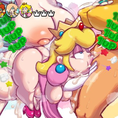 mario (series), nintendo, super mario 3d world, princess daisy, princess peach, princess rosalina, skitterleaf, 1girls, 2futas, blonde hair, blue eyes, cum, cum bubble, cum in mouth, cum inside