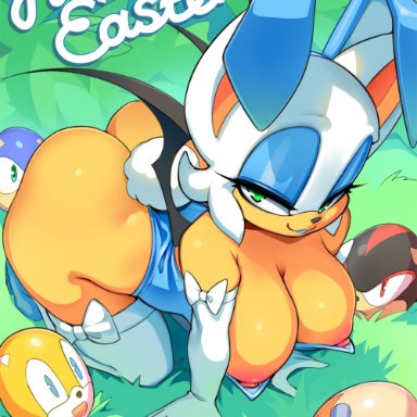 sonic (series), sonic the hedgehog (series), knuckles the echidna, rouge the bat, shadow the hedgehog, sonic the hedgehog, tails, krokobyaka, 1girls, breasts outside, bunny ears, bunnysuit, doggy style, easter bunny (cosplay), green eyes