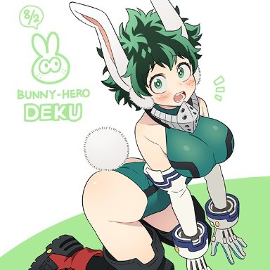 easter, my hero academia, izuku midoriya, 1girls, animal ears, big breasts, bunny ears, bunny girl, bunny tail, female, female only, female solo, genderswap (mtf), green hair, kneeling