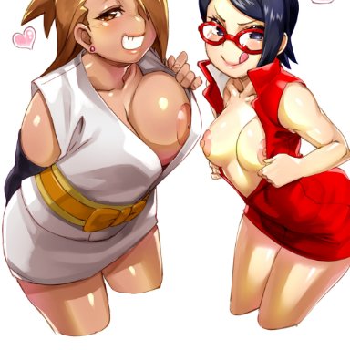 boruto: naruto next generations, naruto, akimichi chouchou, sarada uchiha, konakona, 2girls, big breasts, long hair, nipples, short hair, high resolution, highres, tagme