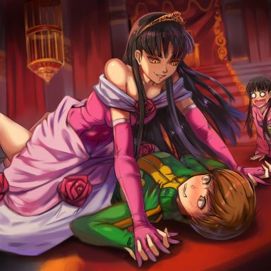 atlus, persona, persona 4, amagi yukiko, satonaka chie, shadow yukiko, toasty scones, 3girls, black hair, blush, brown hair, corruption, dress, female only, femdom