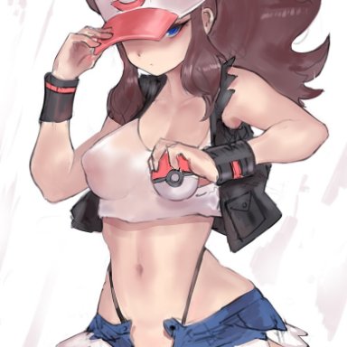 nintendo, pokemon, pokemon bw, hilda (pokemon), girlsay, 1girls, baseball cap, black panties, black underwear, black vest, black wristband, blue shorts, breasts, brown hair, clavicle