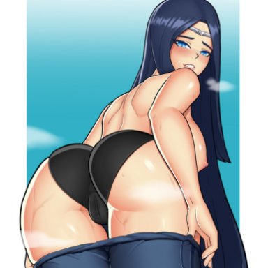 league of legends, irelia, kinfrb, ass, black hair, black panties, blue eyes, blush, breasts, cameltoe, looking at viewer, looking back, nipples, panties, pants down