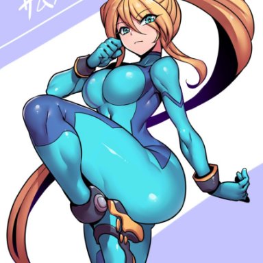 metroid, nintendo, samus aran, zero suit samus, tsuki wani, big breasts, blonde hair, breasts, clothed, looking at viewer, ponytail, solo, solo female, thick, thick thighs