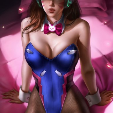 blizzard entertainment, overwatch, d.va, logan cure, 1girls, animal ears, asian female, bangs, bare shoulders, bed, big breasts, bow, bowtie, breasts, brown eyes