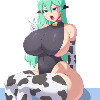 original character, fake face, 1girls, ass, bovine, breasts, cow print, female, hips, huge ass, huge breasts, peace sign, solo female, thick thighs, thighs