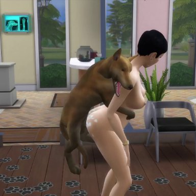 the sims, the sims 4, ambiguous penetration, anal, ass, bestiality, biting arm, blowjob, clothing, cowgirl position, cum on ass, cum on face, deepthroat, dildo in ass, dog