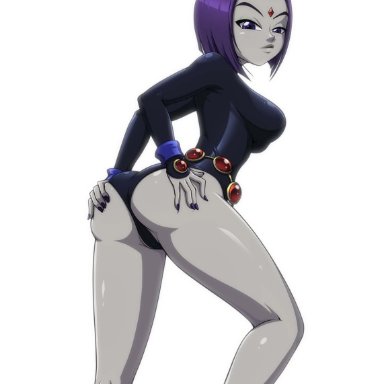 cartoon network, teen titans, rachel roth, raven, raven (dc), reit, 1girl, clothed, clothed female, dat ass, demon girl, female, forehead jewel, grey skin, hands on own ass