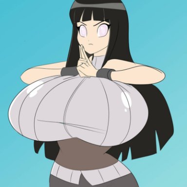 naruto, naruto shippuden, shounen jump, hyuuga hinata, 1girls, alternate breast size, bare shoulders, big breasts, breast expansion, breasts, breasts bigger than head, clothed, clothed female, clothes, clothing