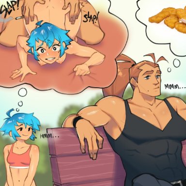 original, original character, b0nerbat, 2girls, abs, areolae, beauty mark, bench, blue hair, breasts, chicken nuggets, cigarette, clapping cheeks, clenched teeth, daydream