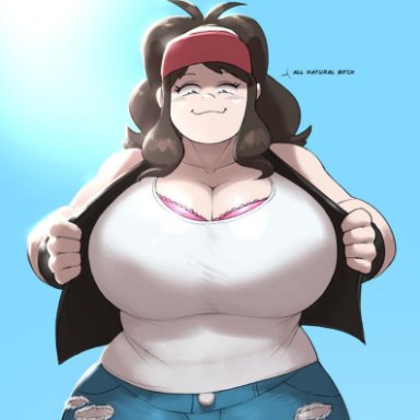 nintendo, pokemon, pokemon bw, hilda (pokemon), fimif, 1girls, :3, big breasts, blush, bra, bra slip, bracelet, breast focus, breasts, brown hair