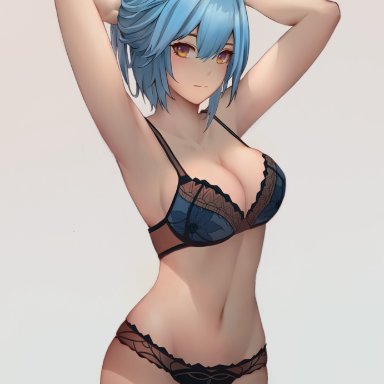 genshin impact, eula (genshin impact), 1girls, adjusting hair, armpits, arms up, belly button, blue hair, bra, breasts, cleavage, female, lingerie, looking at viewer, medium breasts