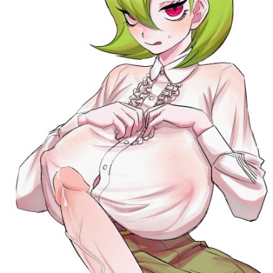 nintendo, pokemon, pokemon rse, gardevoir, seto reiichi, 1futa, balls, big breasts, big penis, breasts, clothed, clothing, dress, embarrassed, erection