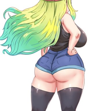 miss kobayashi's dragon maid, lucoa, triagorodri (artist), ass, cap, curvy, dat ass, dragon girl, female, from behind, horns, huge ass, huge breasts, leotard, long hair