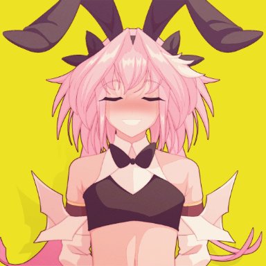 fate (series), astolfo (fate), theobrobine, 1boy, androgynous, blush, closed eyes, clothed, clothing, femboy, hands behind back, jumping, male, male only, pink hair