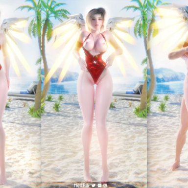 overwatch, mercy, meltrib, 1girls, areolae, big breasts, breast grab, breasts, female, large breasts, nipples, one-piece swimsuit, solo focus, swimsuit, 3d