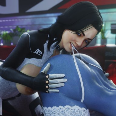 mass effect, mass effect 3, asari, liara t'soni, miranda lawson, selfmindsources, 2girls, ass, black hair, blue eyes, blue skin, detailed background, inside, lesbian, light-skinned female