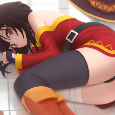 megumin, siraha, 1girls, ass, asymmetrical legwear, bandaged leg, bandages, bangs, belt, black choker, black gloves, black legwear, black panties, black underwear, blush